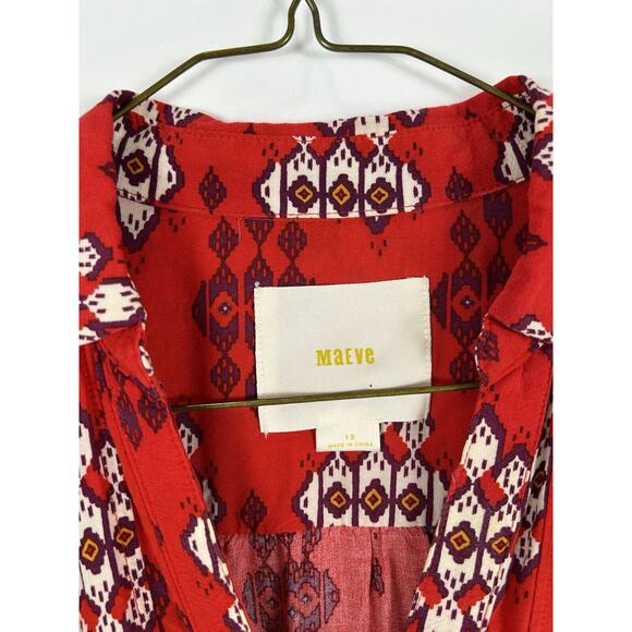 Maeve Anthropologie Shirt Women 12 Red Woodland Walk Tribal Top Boho - Picture 2 of 6